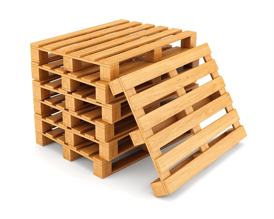 A stack of wooden pallets with one pallet missing.